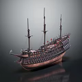 Cartoon Scene Of A Sailing Ship With Three Masts Brown Hull And Red Decorative Details