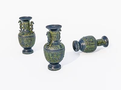 Bronze Style Ornamental Vase Set With Intricate Patterns Double Handles Three Pieces For Home Decor 3d model