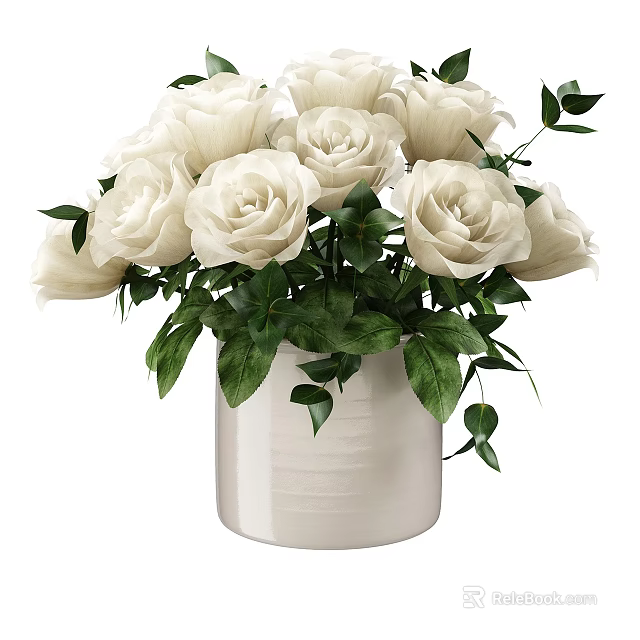 Potted Plant With White Roses And Green Leaves In White Ceramic Pot 3d model 