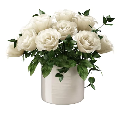 Potted Plant With White Roses And Green Leaves In White Ceramic Pot 3d model