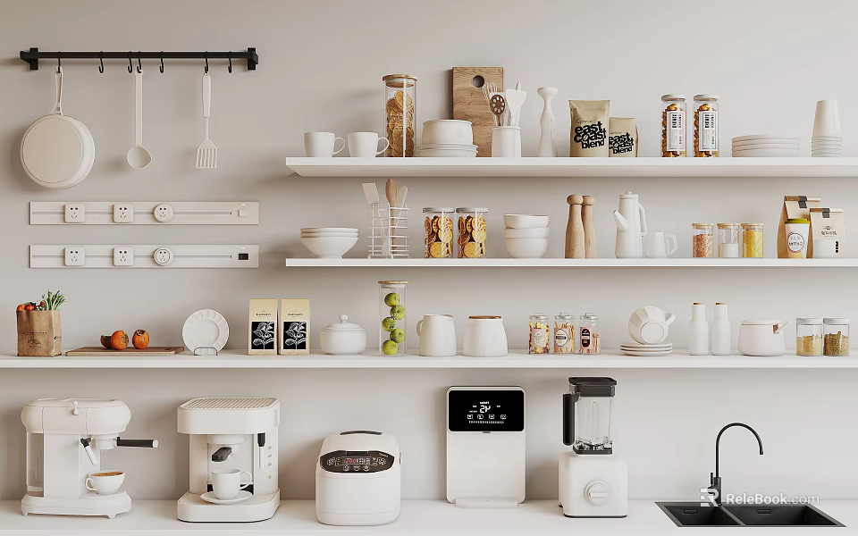 White Kitchen Interior With Hanging Tools Organized Shelves Containers Small Appliances And Functional Kitchenware 3d model