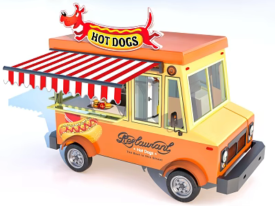 Orange Food Truck Selling Hot Dogs With Red White Awning 3d model