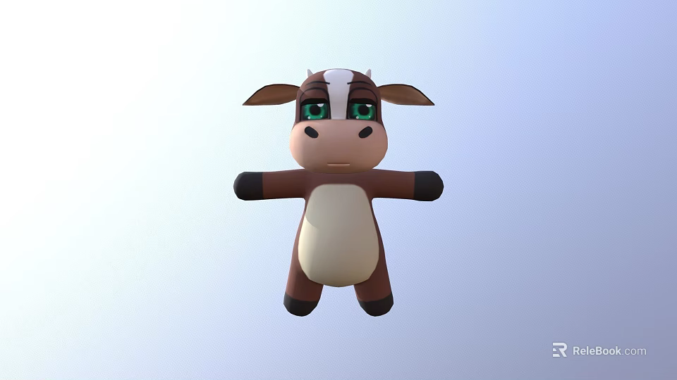 Cute Brown And White Cartoon Cow Character With Big Green Eyes Open Arms 3d model 