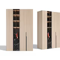Modern Double Light Wood Wardrobe With Black Accents Shelves And Red Decor