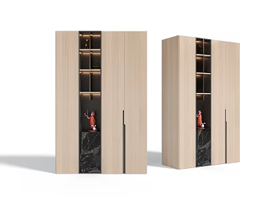 Modern Double Light Wood Wardrobe With Black Accents Shelves And Red Decor 3d model