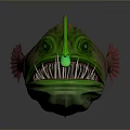 Deep Sea Anglerfish With Green Body Red Fins Glowing Lure And Sharp Teeth