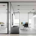 Modern Conference Room With Long Table Black Chairs Large Screen Wooden Wall And Glass Partitions