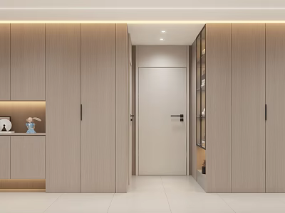 Entryway Hallway Design With Light Wood Storage Cabinets White Flooring And Ceiling Lighting 3d model