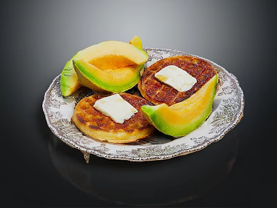 Delicious Pancakes Topped With Butter And Fresh Cantaloupe Melon Slices Served On Elegant Decorative Plate 3d model