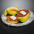 Delicious Pancakes Topped With Butter And Fresh Cantaloupe Melon Slices Served On Elegant Decorative Plate