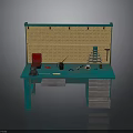 Teal Workbench With Pegboard And Tools On Tabletop With Drawers And Storage