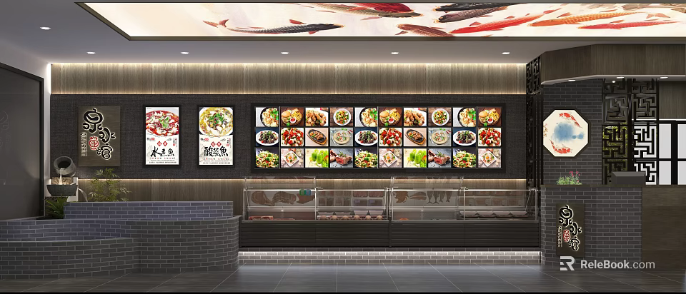 Chinese Restaurant Interior Featuring Multiple Dish Display Screens And Decorative Ceiling 3d model 