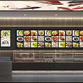 Chinese Restaurant Interior Featuring Multiple Dish Display Screens And Decorative Ceiling 3d model