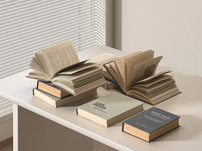 Open And Stacked Books Arranged On White Table With Modern Interior Design 3d model