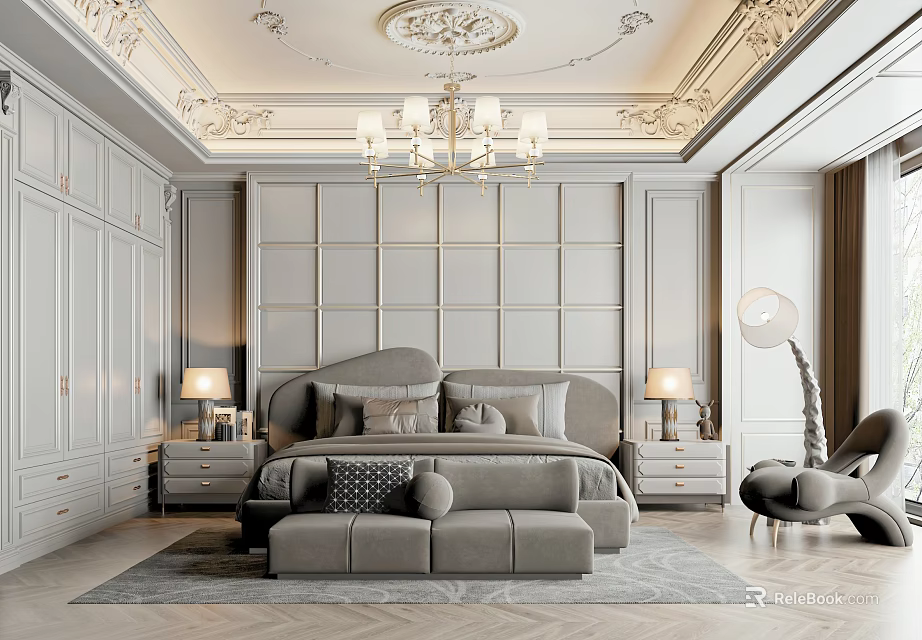 Luxurious Gray Bedroom Interior With Ornate Ceiling Chandelier Paneled Headboard Nightstands And Bench 3d model 