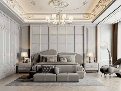 Luxurious Gray Bedroom Interior With Ornate Ceiling Chandelier Paneled Headboard Nightstands And Bench 3d model