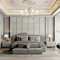 Luxurious Gray Bedroom Interior With Ornate Ceiling Chandelier Paneled Headboard Nightstands And Bench