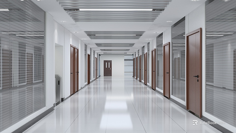 Modern Office Corridor With Clean White Floor Brown Doors Strip Lights And Suspended Ceiling 3d model 