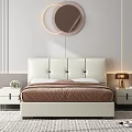 Modern Background Double Bed With White Button Tufted Headboard Brown Bedding And Round Mirrors 3d model