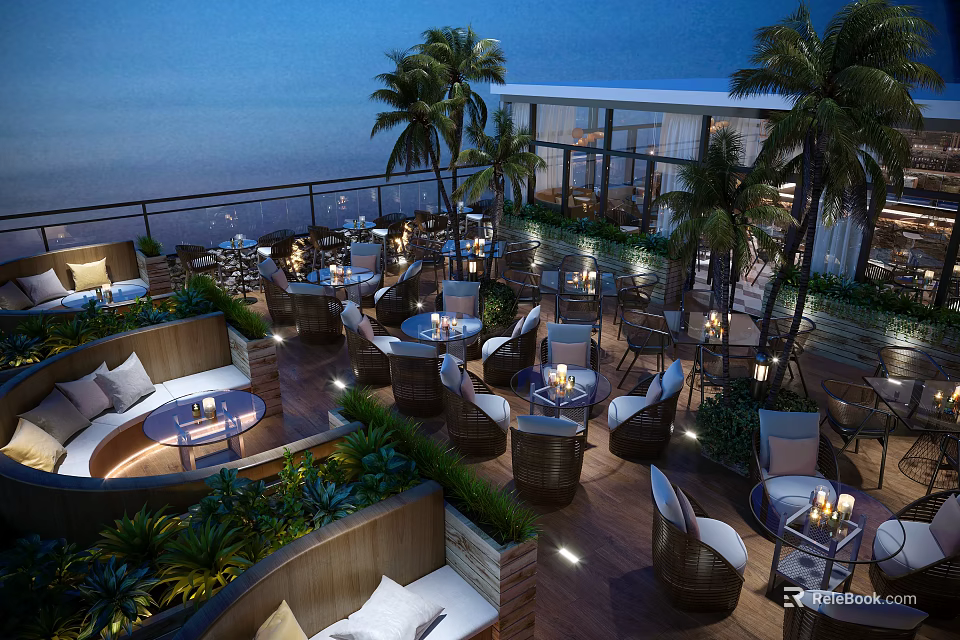 Chic Rooftop Bar With Outdoor Seating Palm Trees Candlelit Tables And Ocean Night View 3d model 