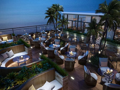 Chic Rooftop Bar With Outdoor Seating Palm Trees Candlelit Tables And Ocean Night View 3d model