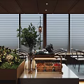 Modern Restaurant Interior With Hanging Lanterns Wooden Tables And Green Plants