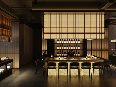Japanese Restaurant Interior With Wooden Bar Counter Seats Warm Lighting And Lattice Ceiling Screen 3d model