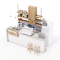 Milk Tea Bar Counter with Various Drinks on Wooden Shelves and Stools