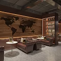 Coffee Shop Interior Design With Leather Chairs Round Tables Bar Counter And Wooden Display Shelves