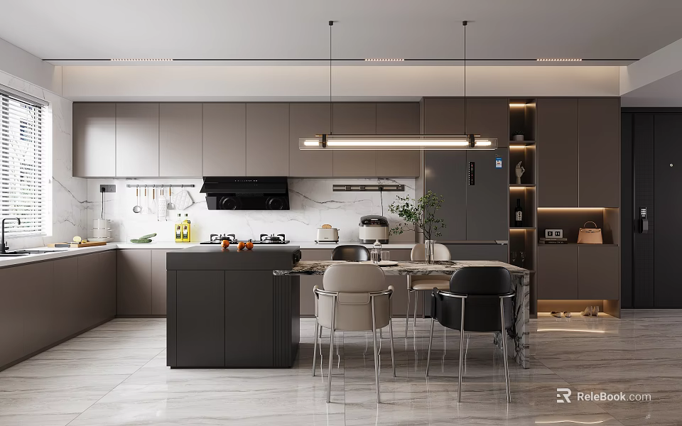 Modern Restaurant Kitchen With Open Design Gray Cabinets Marble Island And Hanging Lights 3d model 