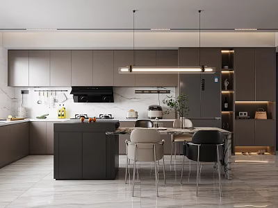 Modern Restaurant Kitchen With Open Design Gray Cabinets Marble Island And Hanging Lights 3d model