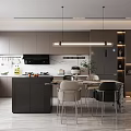 Modern Restaurant Kitchen With Open Design Gray Cabinets Marble Island And Hanging Lights