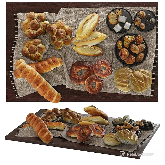 Assorted Baked Goods Display Featuring Variety of Bread Shapes Including Baguettes Bagels and Rolls 3d model 