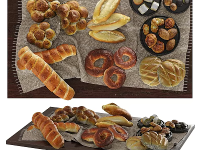 Assorted Baked Goods Display Featuring Variety of Bread Shapes Including Baguettes Bagels and Rolls 3d model
