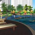 Urban Swimming Pool With Tropical Palms Greenery City View Lounge Chairs And People Recreation