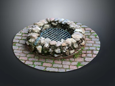 Outdoor Circular Stone Built Fire Pit With Metal Grid And Brick Paved Floor 3d model