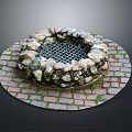 Outdoor Circular Stone Built Fire Pit With Metal Grid And Brick Paved Floor