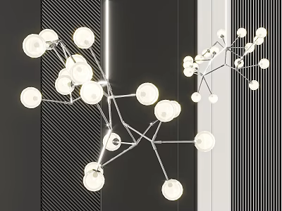 Modern Branching Chandelier With Spherical Bulbs And Metal Frame Against Striped Wall 3d model