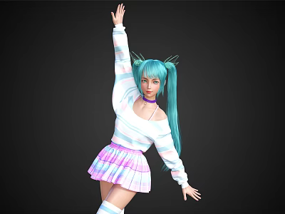 Woman With Teal Long Hair Wearing Striped Sweater And Pink Gradient Skirt Raising Arm 3d model