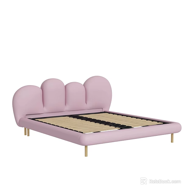 Pink Cloud Shaped Headboard Upholstered Double Bed With Golden Legs And Wooden Slat Base 3d model 