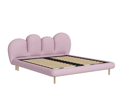 Pink Cloud Shaped Headboard Upholstered Double Bed With Golden Legs And Wooden Slat Base 3d model