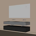 Modern Bathroom Vanity With Double Sinks Storage Drawers Large Mirror And Window Blinds