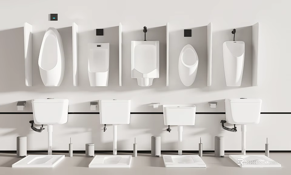 Various Modern Urinal Styles In White Ceramic With Wall Mounted Bathroom Design 3d model 