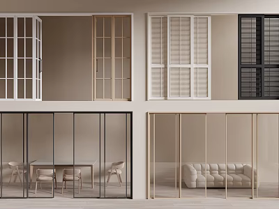 Stylish Sliding Glass Doors Separating Modern Living And Dining Areas With Chairs And Sofa 3d model