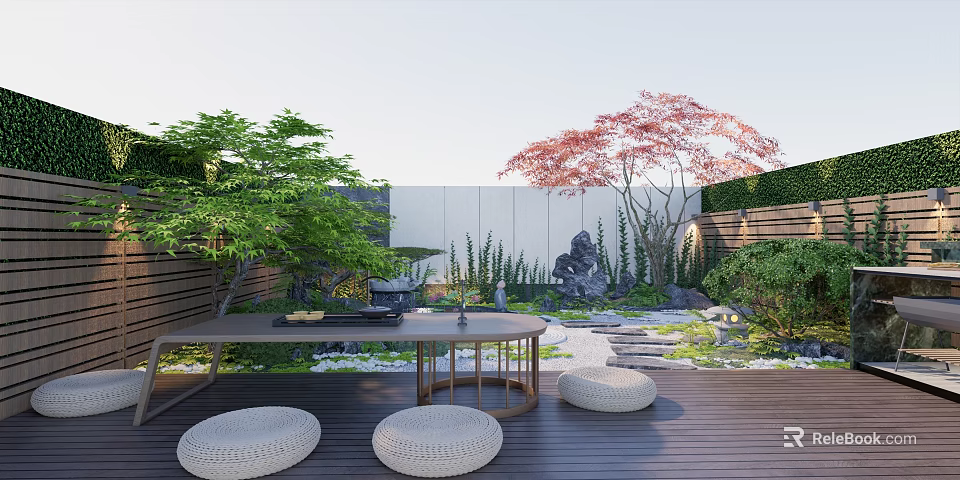 Courtyard Garden Design With Wooden Deck Round Table Woven Cushions Green Plants Red Maple Tree Stone Features And Stepping Path 3d model 