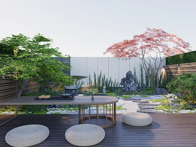 Courtyard Garden Design With Wooden Deck Round Table Woven Cushions Green Plants Red Maple Tree Stone Features And Stepping Path 3d model