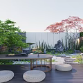 Courtyard Garden Design With Wooden Deck Round Table Woven Cushions Green Plants Red Maple Tree Stone Features And Stepping Path