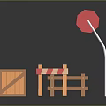 Wooden Crate and Striped Barricade with Red Octagonal Sign Decor Items