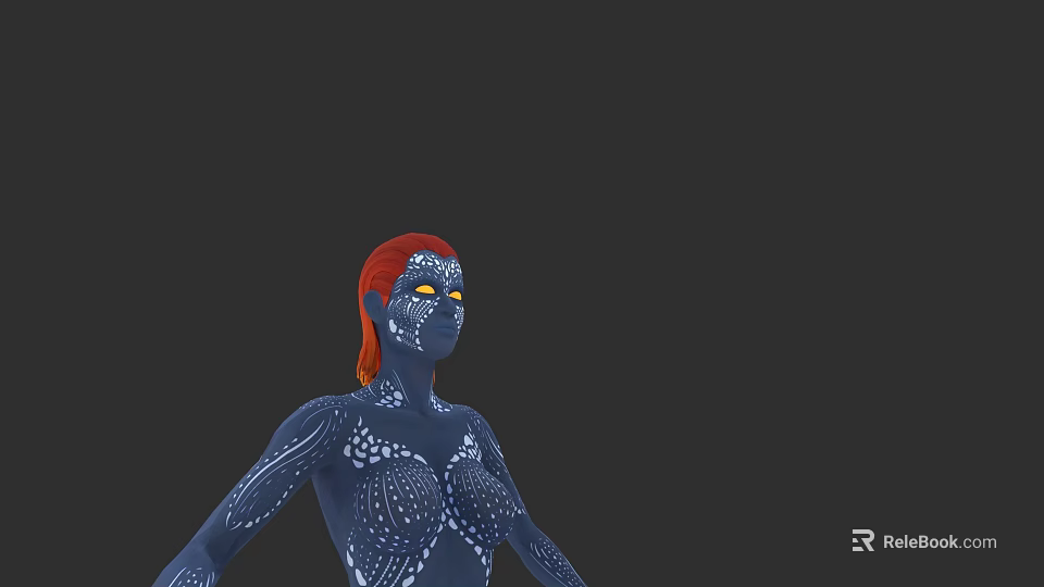 Game and Film Female Character with Red Hair and Blue Body Patterns in Dark Background 3d model 
