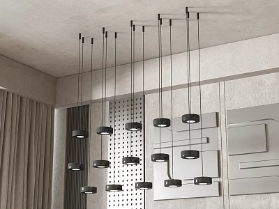 Black Circular Chandeliers Hanging From Ceiling In Interior With Gray Walls Curtains And Decorative Panels 3d model